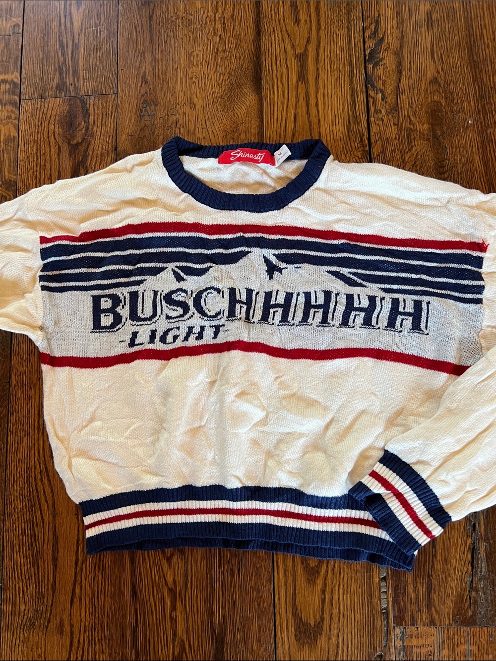 Shinesty White Crewneck Sweater with Navy & Red Stripe Detail